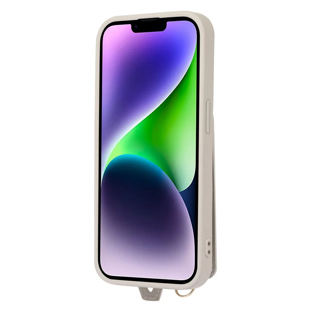 Leather+TPU Cover for iPhone 13 / 14 6.1 inch Card Holder Hand Strap Kickstand Phone Case with Shoulder Strap - White - 7