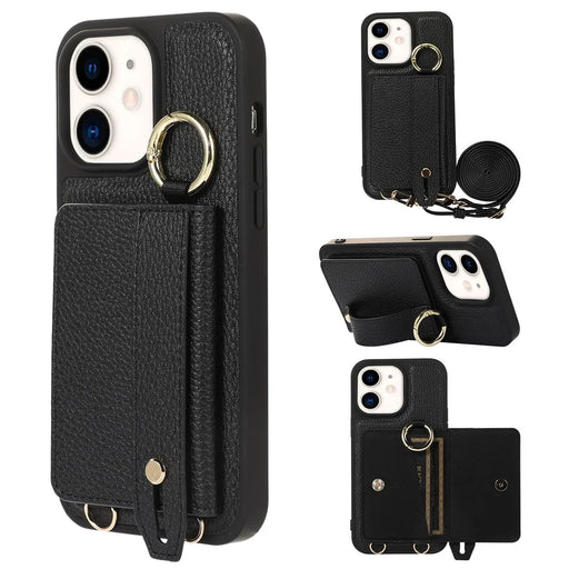 Fall-proof Cover for iPhone 11 6.1 inch Card Holder Hand Strap Leather+TPU Phone Kickstand Case with Shoulder Strap - Black - 1