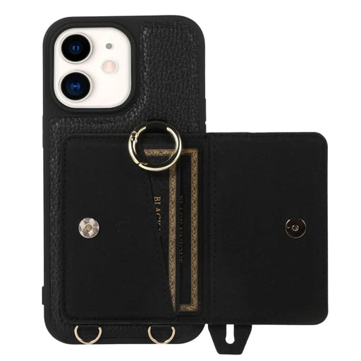 Fall-proof Cover for iPhone 11 6.1 inch Card Holder Hand Strap Leather+TPU Phone Kickstand Case with Shoulder Strap - Black - 2