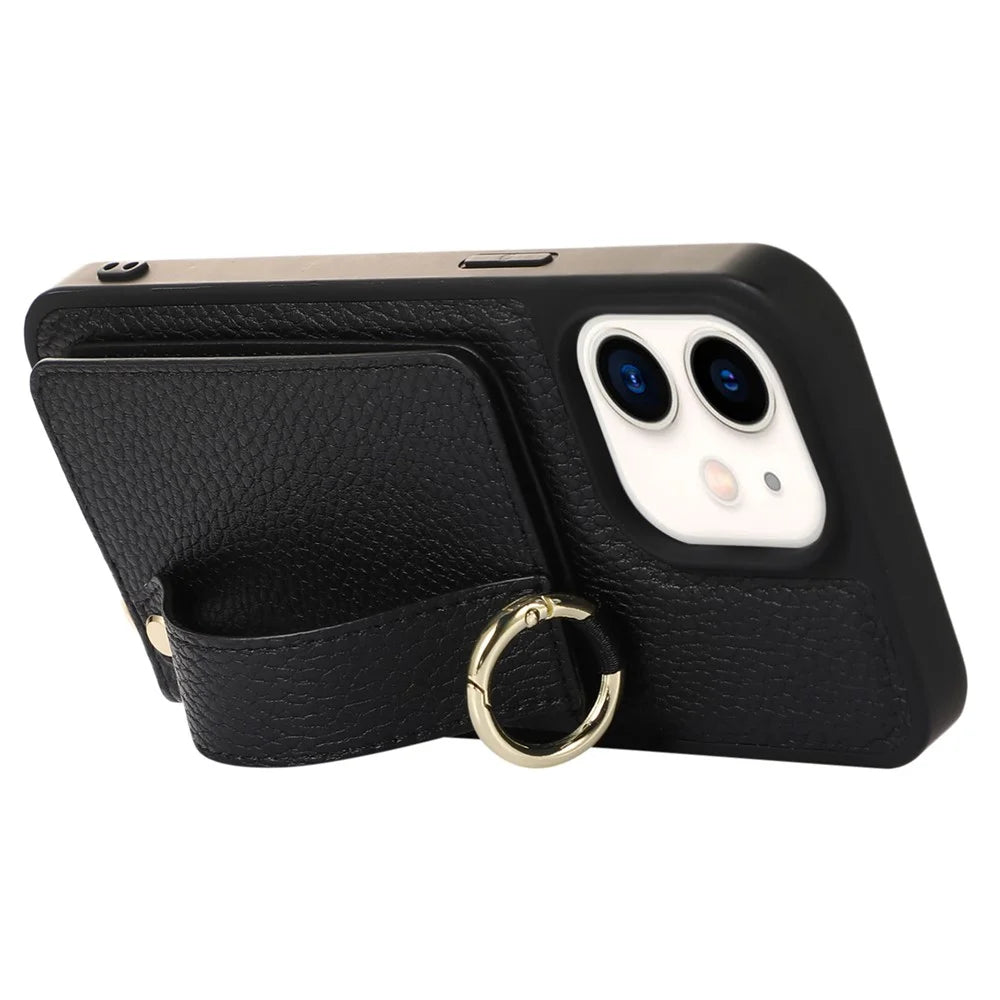 Fall-proof Cover for iPhone 11 6.1 inch Card Holder Hand Strap Leather+TPU Phone Kickstand Case with Shoulder Strap - Black - 3