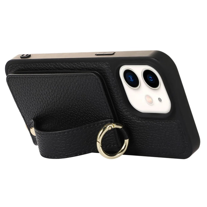 Fall-proof Cover for iPhone 11 6.1 inch Card Holder Hand Strap Leather+TPU Phone Kickstand Case with Shoulder Strap - Black - 3