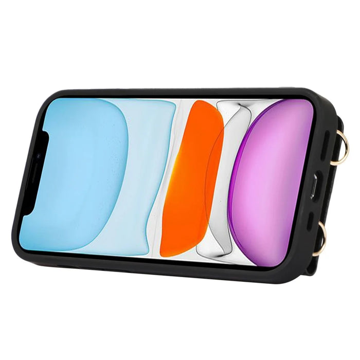 Fall-proof Cover for iPhone 11 6.1 inch Card Holder Hand Strap Leather+TPU Phone Kickstand Case with Shoulder Strap - Black - 4