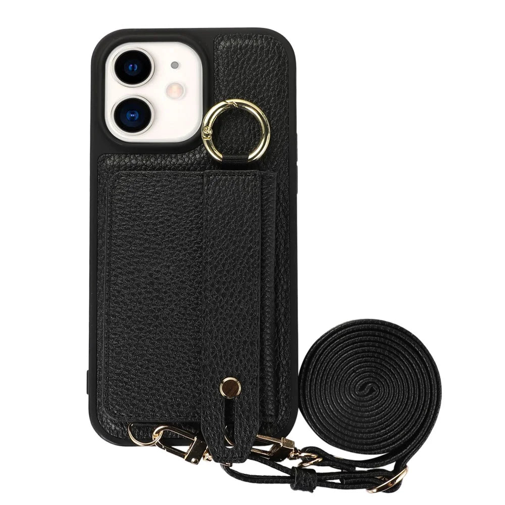 Fall-proof Cover for iPhone 11 6.1 inch Card Holder Hand Strap Leather+TPU Phone Kickstand Case with Shoulder Strap - Black - 5