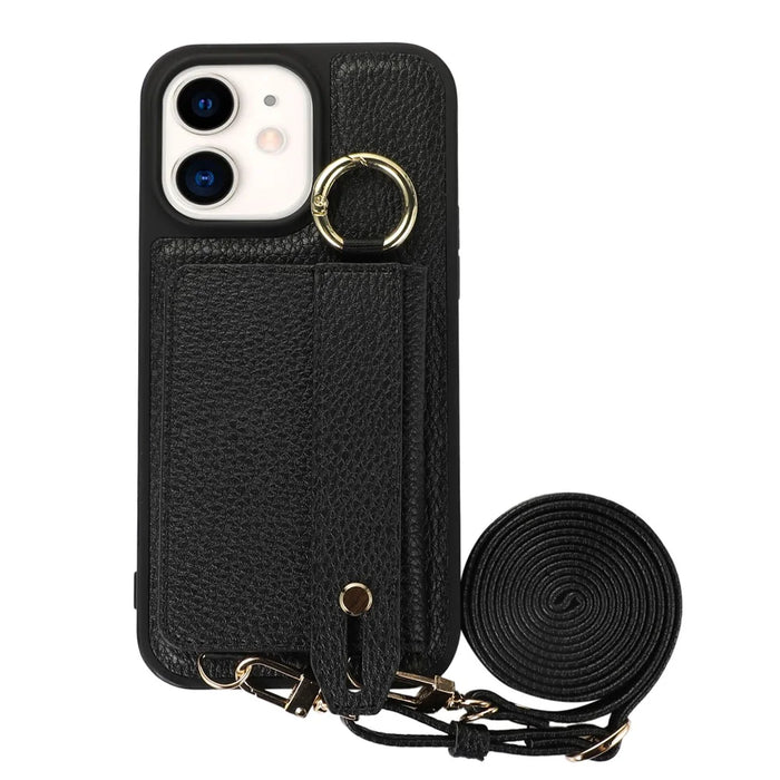 Fall-proof Cover for iPhone 11 6.1 inch Card Holder Hand Strap Leather+TPU Phone Kickstand Case with Shoulder Strap - Black - 5