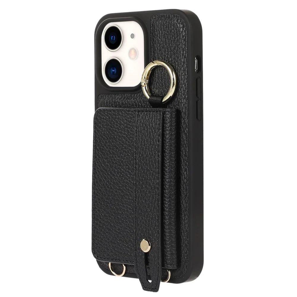 Fall-proof Cover for iPhone 11 6.1 inch Card Holder Hand Strap Leather+TPU Phone Kickstand Case with Shoulder Strap - Black - 6