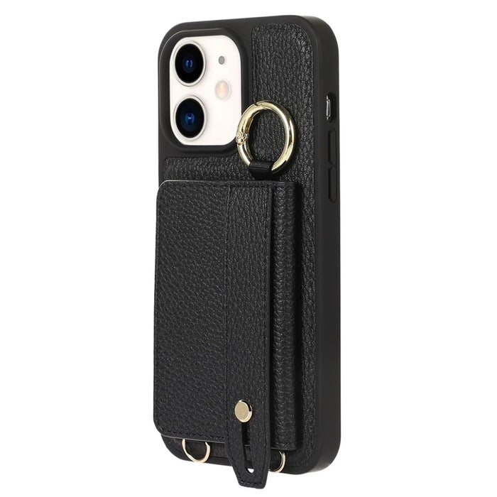 Fall-proof Cover for iPhone 11 6.1 inch Card Holder Hand Strap Leather+TPU Phone Kickstand Case with Shoulder Strap - Black - 6