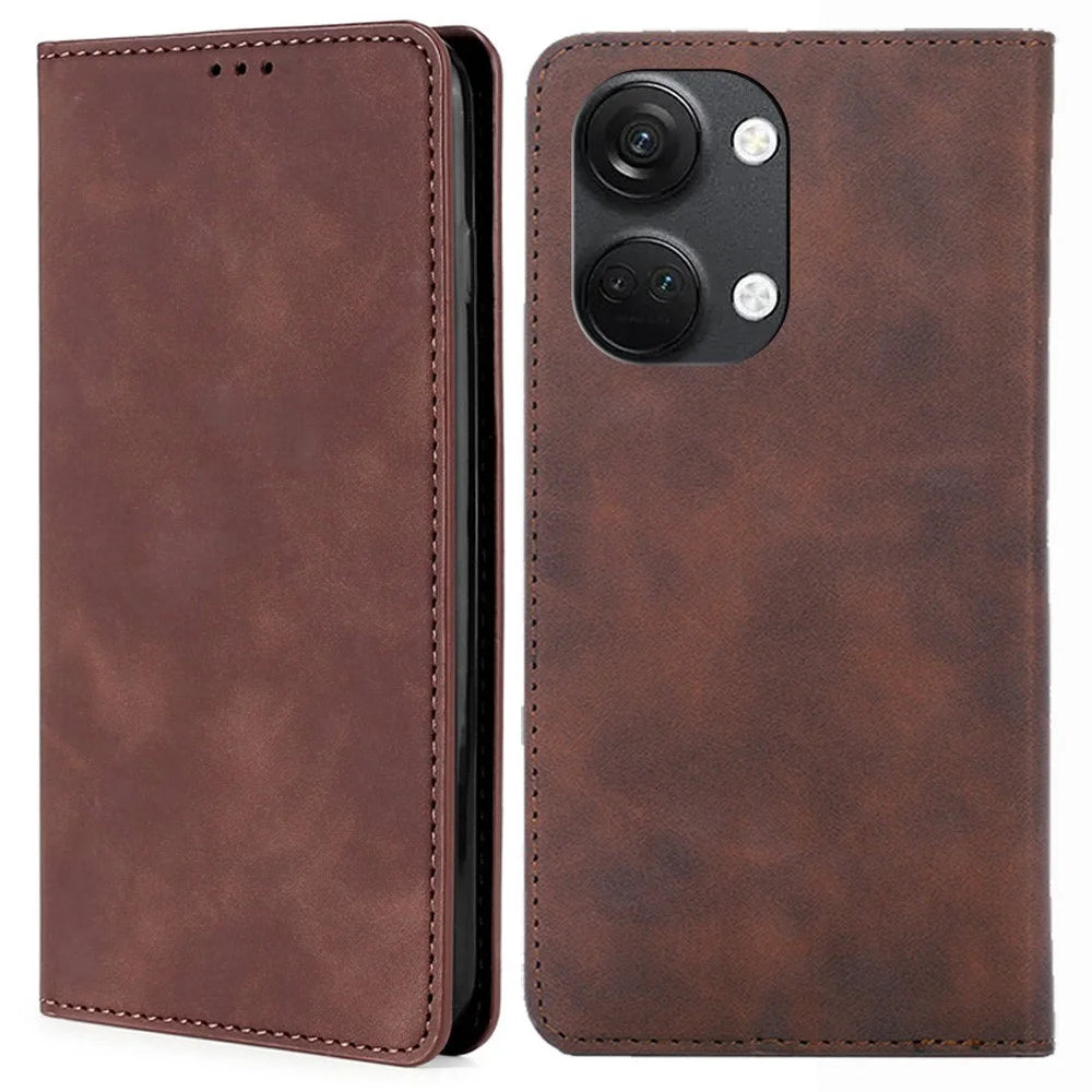 For OnePlus Nord 3 5G / Ace 2V 5G Magnetic Closing Skin-touch Phone Case Leather Stand Cover with Card Slots - Dark Brown - 1