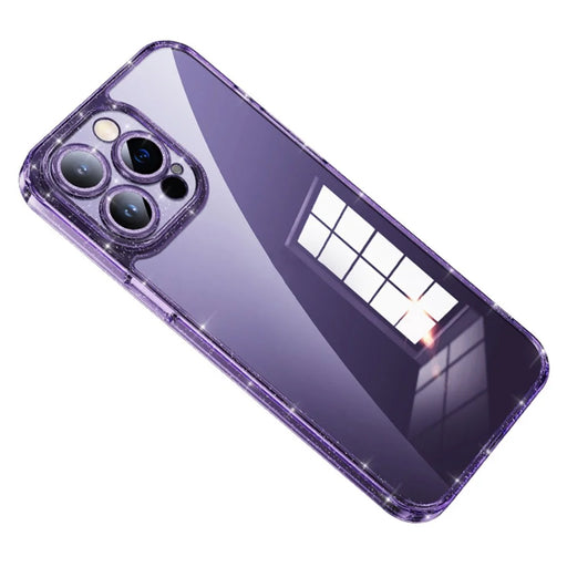 SULADA For iPhone 14 Pro Tempered Glass Back Case Glitter TPU Frame Electroplating Phone Cover with Lens Protector - Purple - 1
