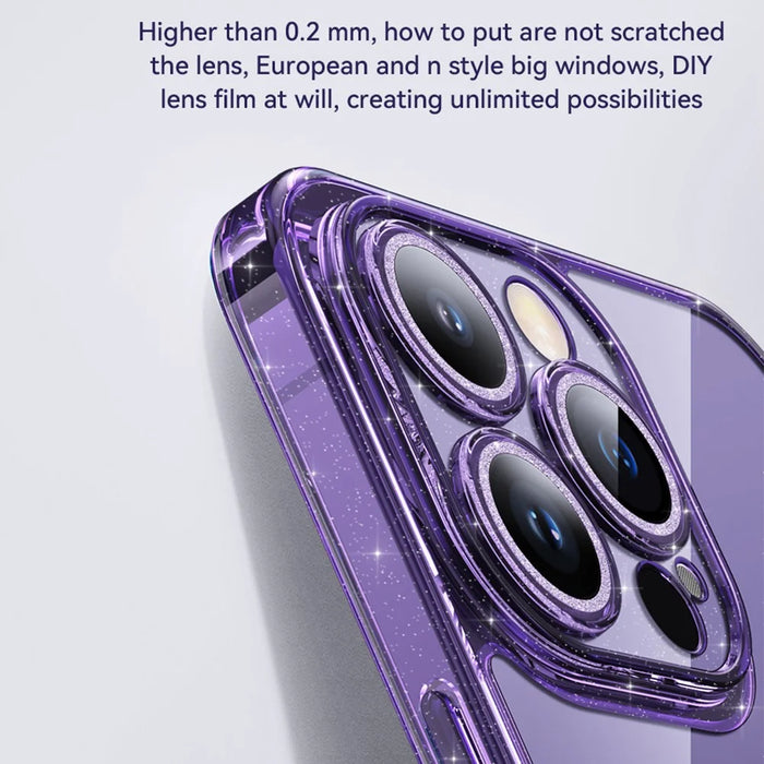 SULADA For iPhone 14 Pro Tempered Glass Back Case Glitter TPU Frame Electroplating Phone Cover with Lens Protector - Purple - 6