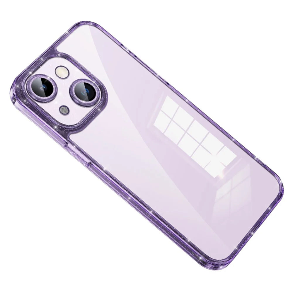 SULADA For iPhone 14 Plus TPU Frame Tempered Glass Back Phone Case Lens Protector Glitter Electroplating Cover - Purple - 1