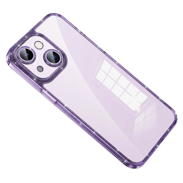 SULADA For iPhone 14 Plus TPU Frame Tempered Glass Back Phone Case Lens Protector Glitter Electroplating Cover - Purple - 1
