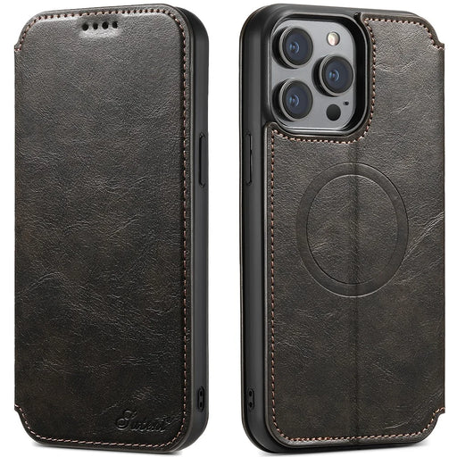 SUTENI J05 For iPhone 12 Pro Max Leather Phone Case Cell Phone Stand Wallet Cover Compatible with MagSafe - Black - 1