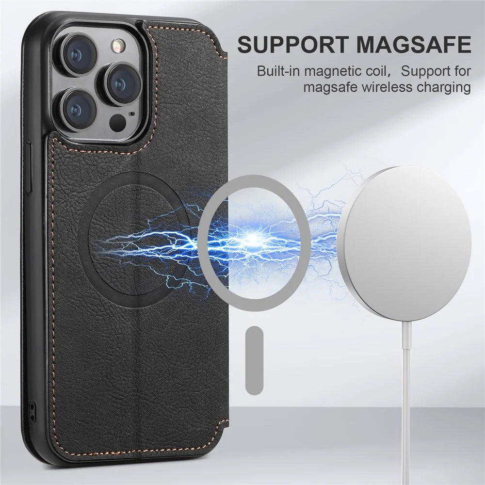 SUTENI J06 For iPhone 12 Pro Max Leather Case Compatible with MagSafe Stand Wallet Phone Cover - Black - 4