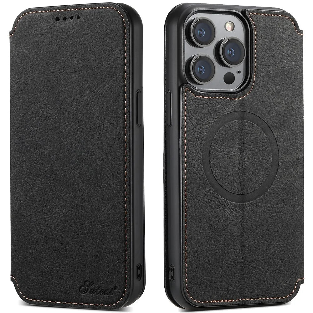 SUTENI J06 For iPhone 14 Pro Stand Wallet PU Leather Phone Case Compatible with MagSafe - Black - 1