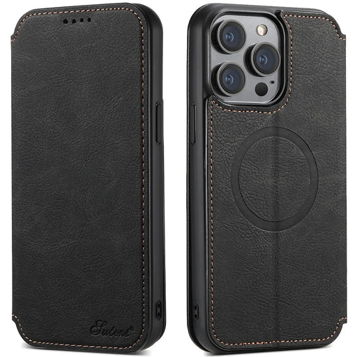 SUTENI J06 For iPhone 13 Pro Max PU Leather Stand Phone Case Wallet Cover Compatible with MagSafe - Black - 1