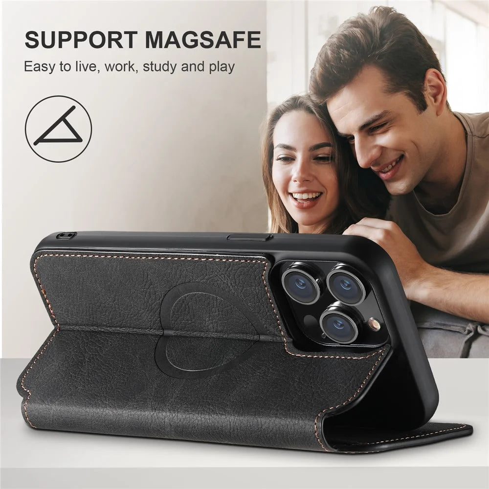 SUTENI J06 For iPhone 13 Pro Max PU Leather Stand Phone Case Wallet Cover Compatible with MagSafe - Black - 5