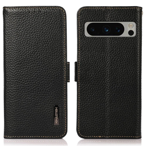 KHAZNEH For Google Pixel 8 Pro RFID Blocking Phone Case Wallet Stand Genuine Cow Leather Cover - Black - 1