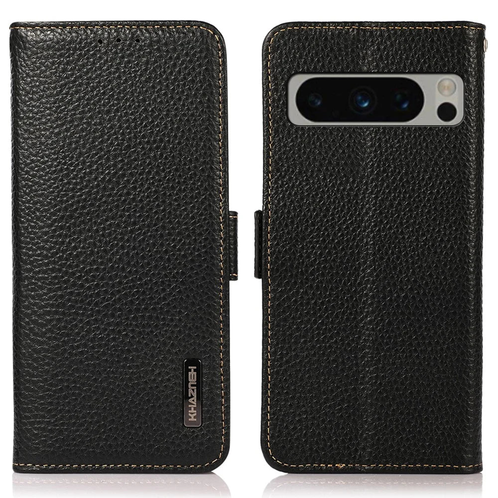 KHAZNEH For Google Pixel 8 Pro RFID Blocking Phone Case Wallet Stand Genuine Cow Leather Cover - Black - 1