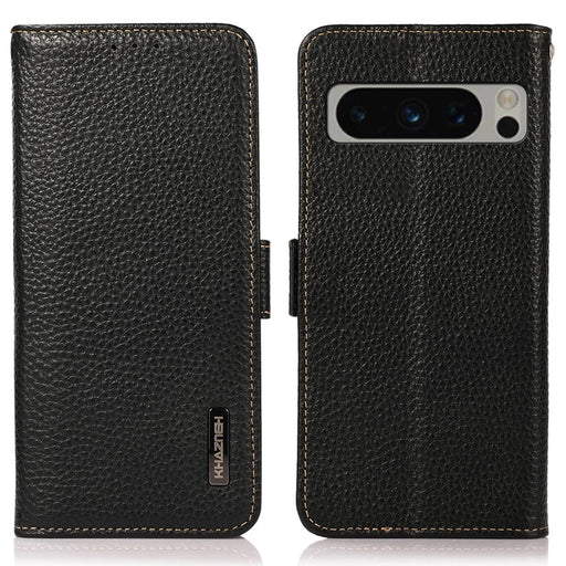 KHAZNEH For Google Pixel 8 Pro RFID Blocking Phone Case Wallet Stand Genuine Cow Leather Cover - Black - 1