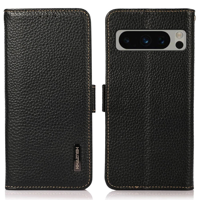 KHAZNEH For Google Pixel 8 Pro RFID Blocking Phone Case Wallet Stand Genuine Cow Leather Cover - Black - 1