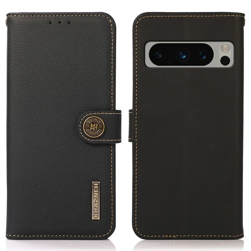 KHAZNEH For Google Pixel 8 Pro Phone Stand Case Wallet RFID Blocking Genuine Cow Leather Phone Cover - Black - 1