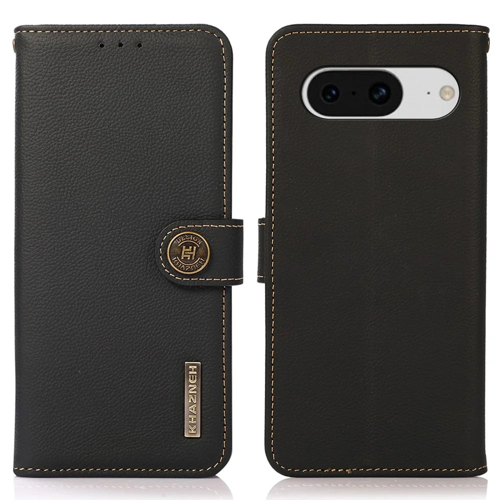 KHAZNEH For Google Pixel 8 RFID Blocking Wallet Case Genuine Cow Leather Stand Protective Phone Cover - Black - 1