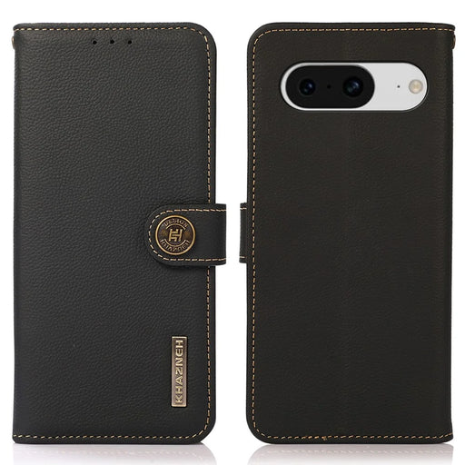 KHAZNEH For Google Pixel 8 RFID Blocking Wallet Case Genuine Cow Leather Stand Protective Phone Cover - Black - 1