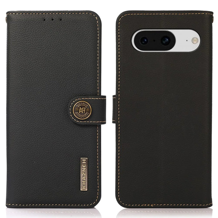 KHAZNEH For Google Pixel 8 RFID Blocking Wallet Case Genuine Cow Leather Stand Protective Phone Cover - Black - 1