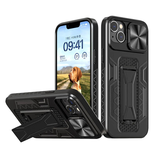 For iPhone 14 PC+TPU Phone Case Kickstand Phone Protector with Slide Camera Cover - 1
