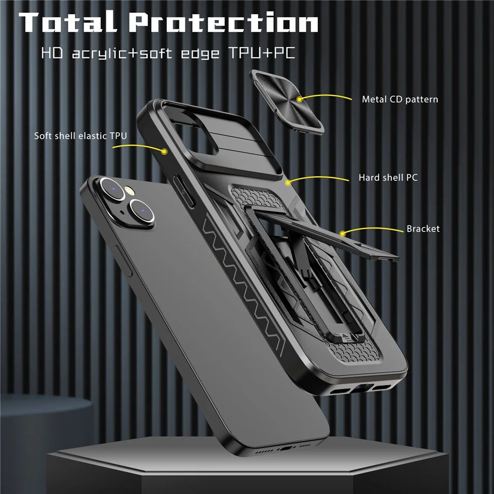 For iPhone 14 PC+TPU Phone Case Kickstand Phone Protector with Slide Camera Cover - 7