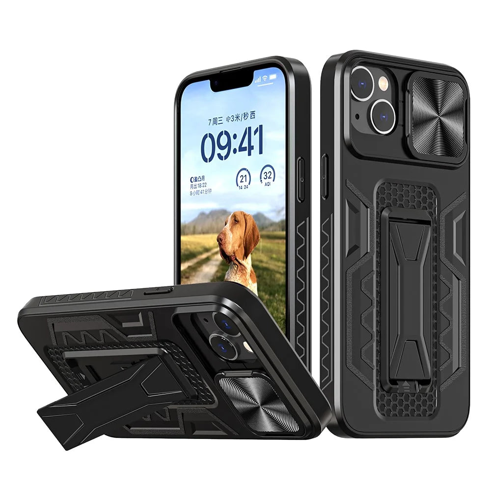 For iPhone 14 Plus Mobile Phone Case Kickstand PC+TPU Phone Protector with Slide Camera Cover - 1