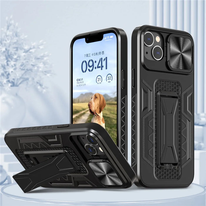 For iPhone 14 Plus Mobile Phone Case Kickstand PC+TPU Phone Protector with Slide Camera Cover - 2