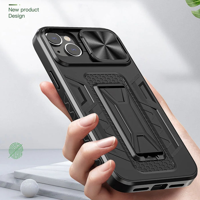 For iPhone 14 Plus Mobile Phone Case Kickstand PC+TPU Phone Protector with Slide Camera Cover - 4