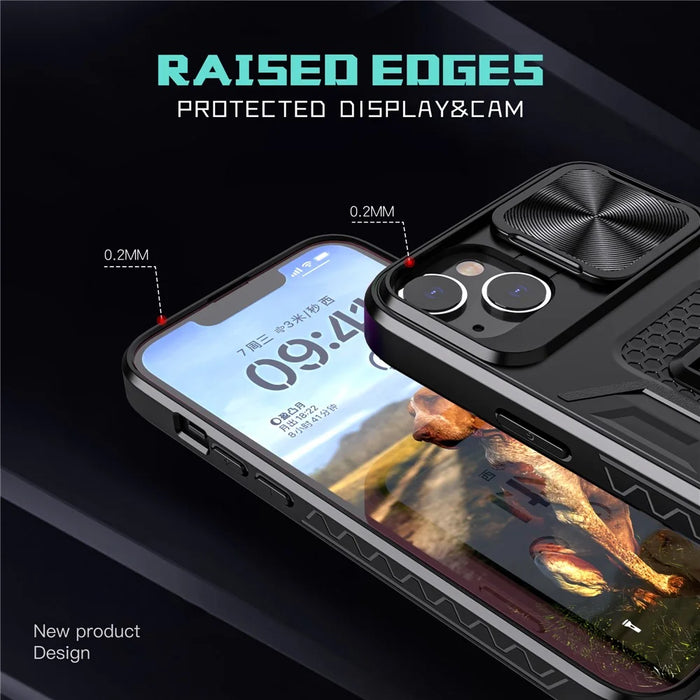 For iPhone 14 Plus Mobile Phone Case Kickstand PC+TPU Phone Protector with Slide Camera Cover - 5