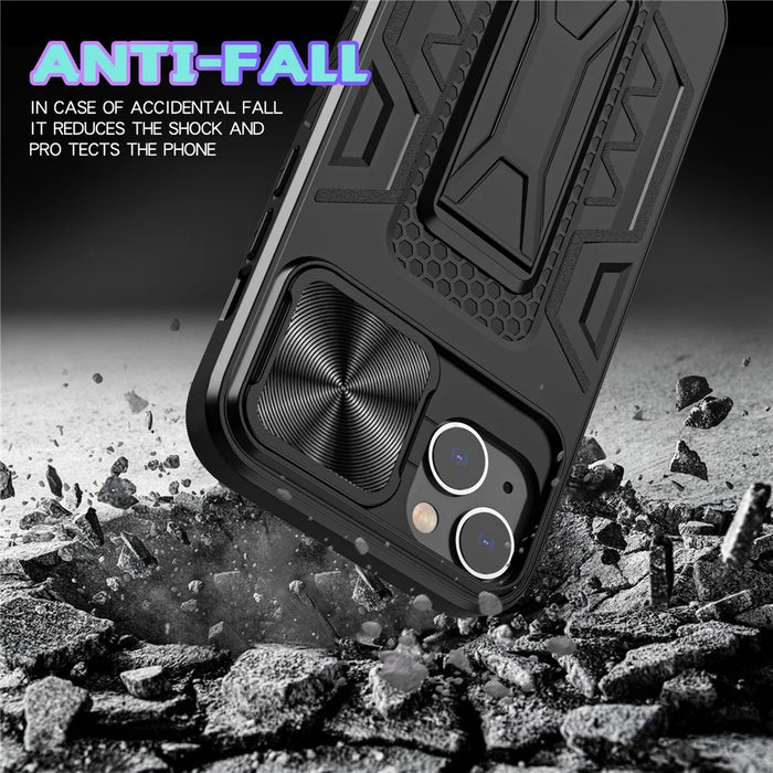 For iPhone 14 Plus Mobile Phone Case Kickstand PC+TPU Phone Protector with Slide Camera Cover - 6