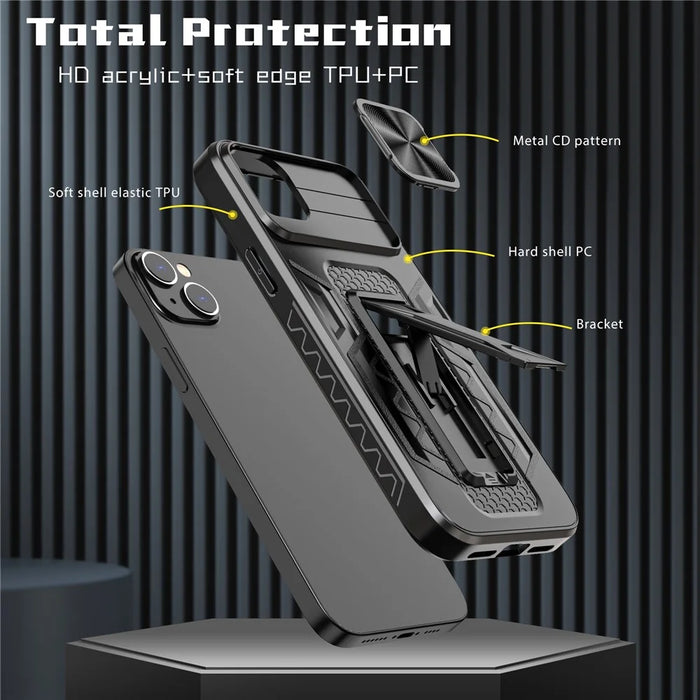 For iPhone 14 Plus Mobile Phone Case Kickstand PC+TPU Phone Protector with Slide Camera Cover - 7