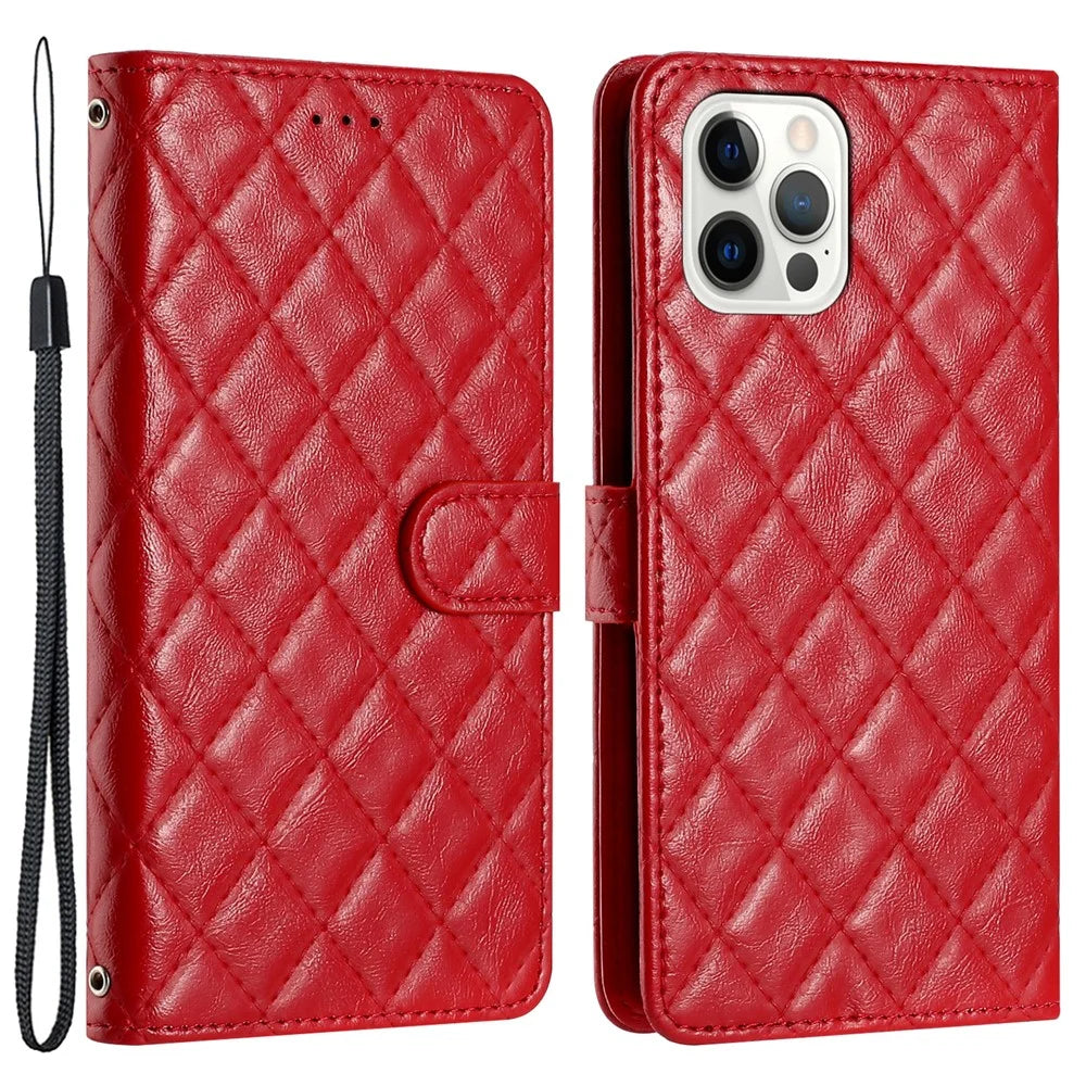 For iPhone 12 Pro Max 6.7 inch Stitching Line Rhombus Texture PU Leather Phone Cover Wallet Shell Stand Phone Case - Red - 1