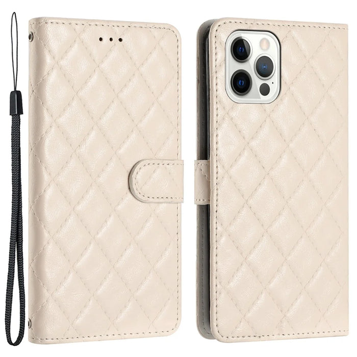 Cell Phone Cover for iPhone 13 Pro , Stand Stitching Line Rhombus Texture PU Leather Phone Case Wallet Shell - White - 1