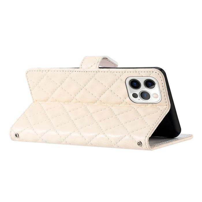 Cell Phone Cover for iPhone 13 Pro , Stand Stitching Line Rhombus Texture PU Leather Phone Case Wallet Shell - White - 2