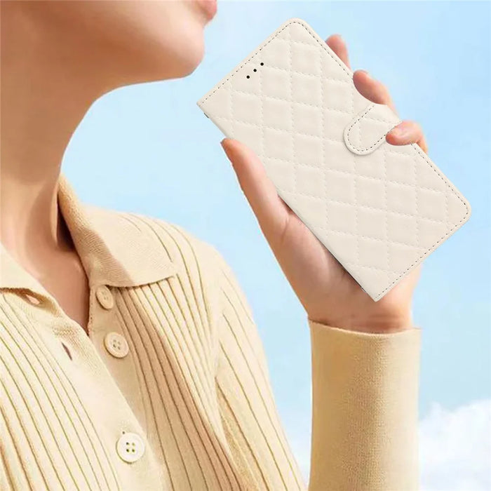 Cell Phone Cover for iPhone 13 Pro , Stand Stitching Line Rhombus Texture PU Leather Phone Case Wallet Shell - White - 4