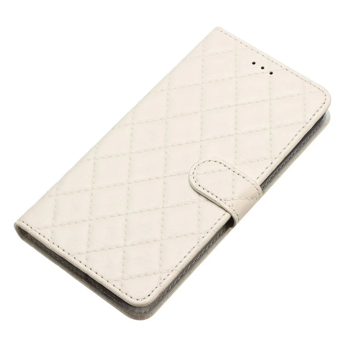 Cell Phone Cover for iPhone 13 Pro , Stand Stitching Line Rhombus Texture PU Leather Phone Case Wallet Shell - White - 6