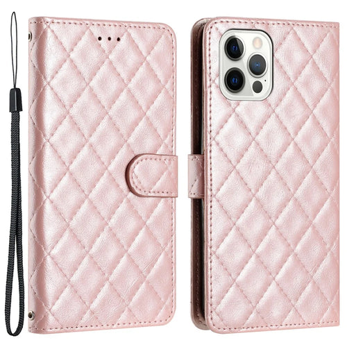 For iPhone 14 Pro Shockproof Wallet Phone Shell Cover Stand Stitching Line Rhombus Texture Phone Case - Rose Gold - 1