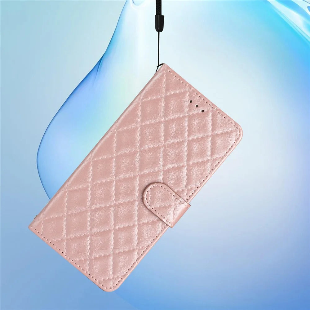For iPhone 14 Pro Shockproof Wallet Phone Shell Cover Stand Stitching Line Rhombus Texture Phone Case - Rose Gold - 5