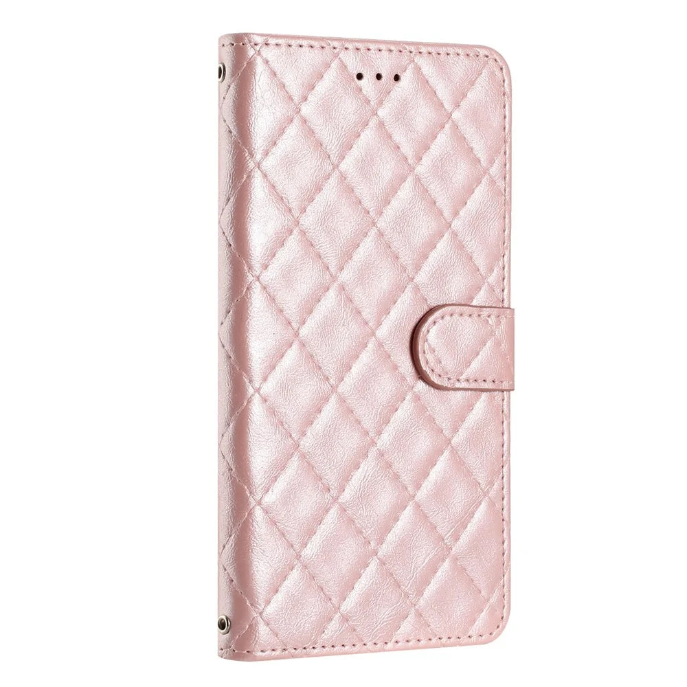For iPhone 14 Pro Shockproof Wallet Phone Shell Cover Stand Stitching Line Rhombus Texture Phone Case - Rose Gold - 7