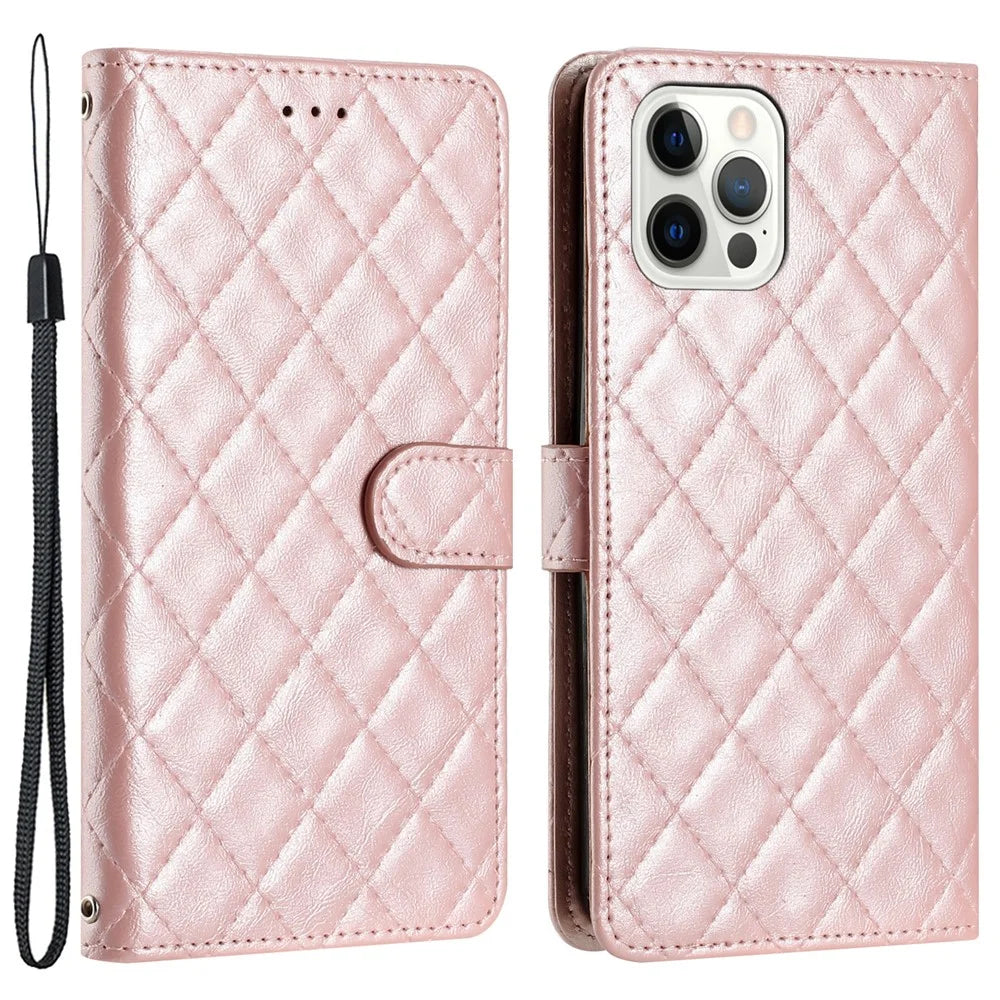For iPhone 12 / 12 Pro PU Leather Phone Cover Wallet Stand Stitching Line Rhombus Texture Phone Case - Rose Gold - 1