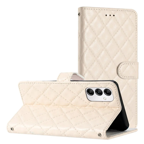 For Samsung Galaxy A14 5G Anti-Dust Phone Case Stitching Line Rhombus PU Leather Wallet Stand Shell with Strap - White - 1