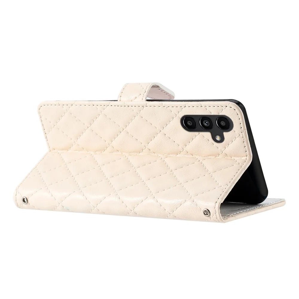 For Samsung Galaxy A14 5G Anti-Dust Phone Case Stitching Line Rhombus PU Leather Wallet Stand Shell with Strap - White - 2