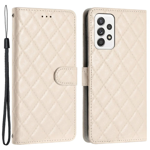 For Samsung Galaxy A52 4G / A52s 5G / A52 5G Stitching Line Rhombus Cell Phone Cover PU Leather Wallet Shell Stand Phone Case - White - 1