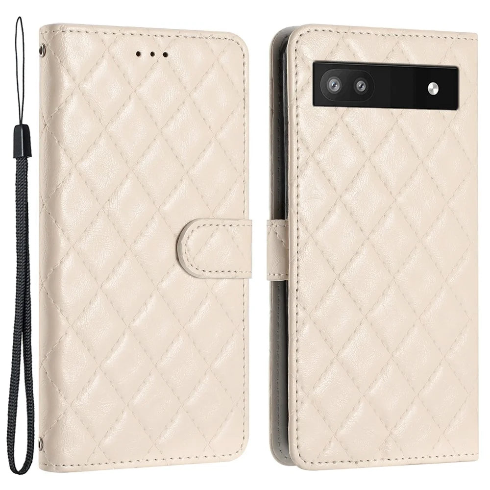 For Google Pixel 7a PU Leather Wallet Phone Case Stitching Line Rhombus Flip Stand Protective Cover - White - 1