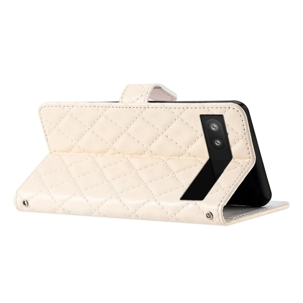 For Google Pixel 7a PU Leather Wallet Phone Case Stitching Line Rhombus Flip Stand Protective Cover - White - 2